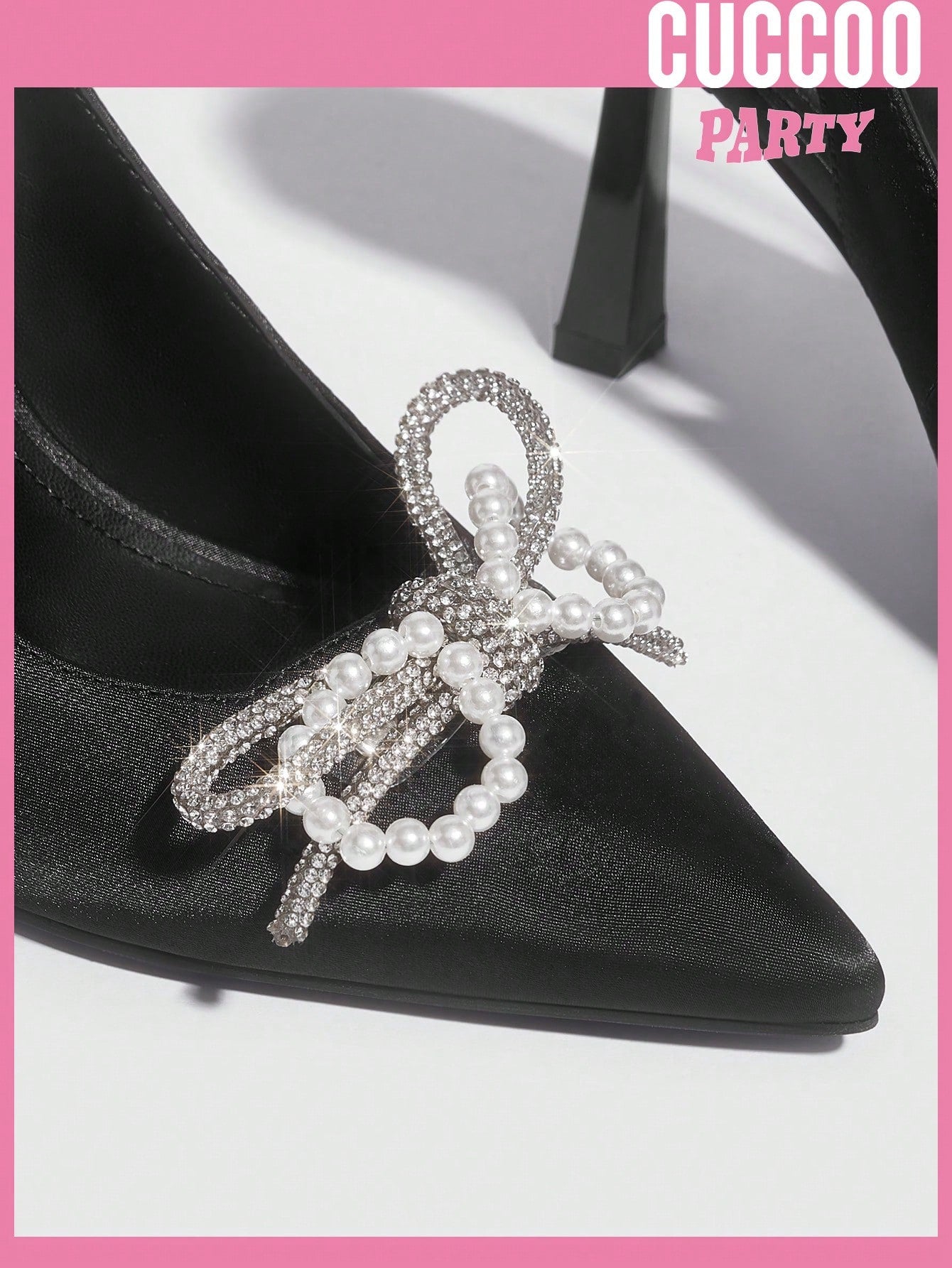 Women's fashionable black high heel pumps embellished with bowknot, beads, and flowers, ideal for weddings and Valentine's Day.