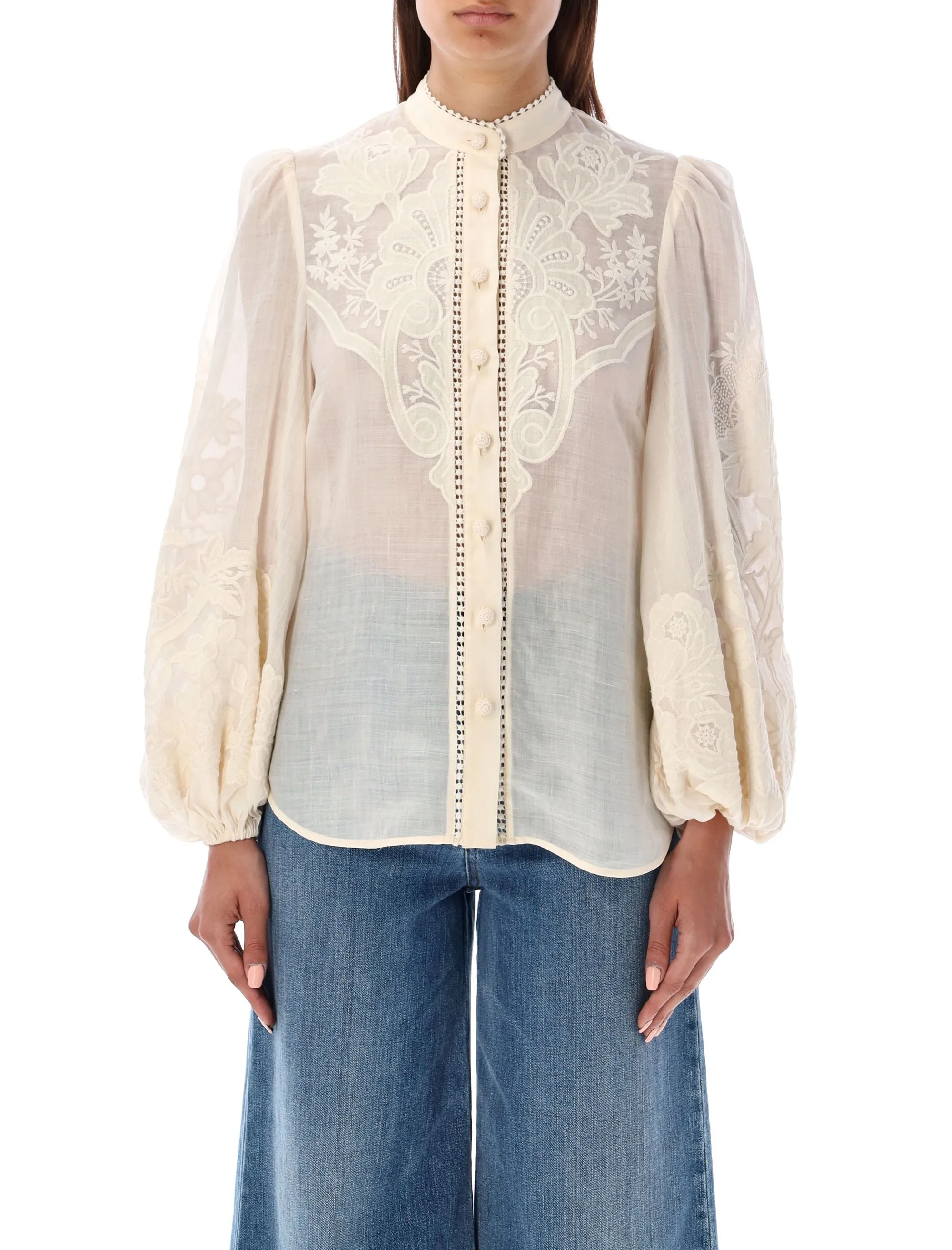 ZIMMERMANN Classic Embroidered Linen Women White Shirt Long Sleeve