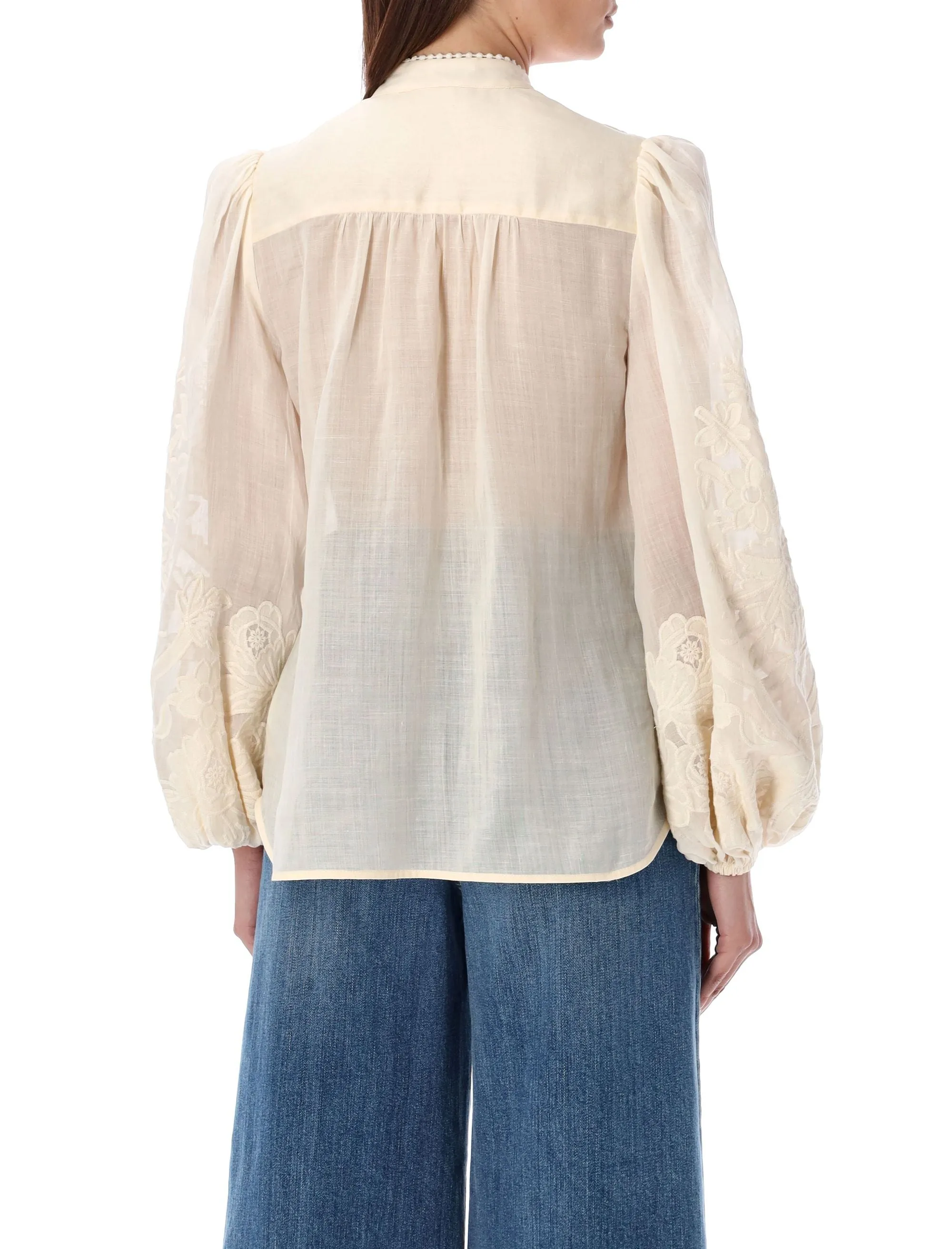 ZIMMERMANN Classic Embroidered Linen Women White Shirt Long Sleeve