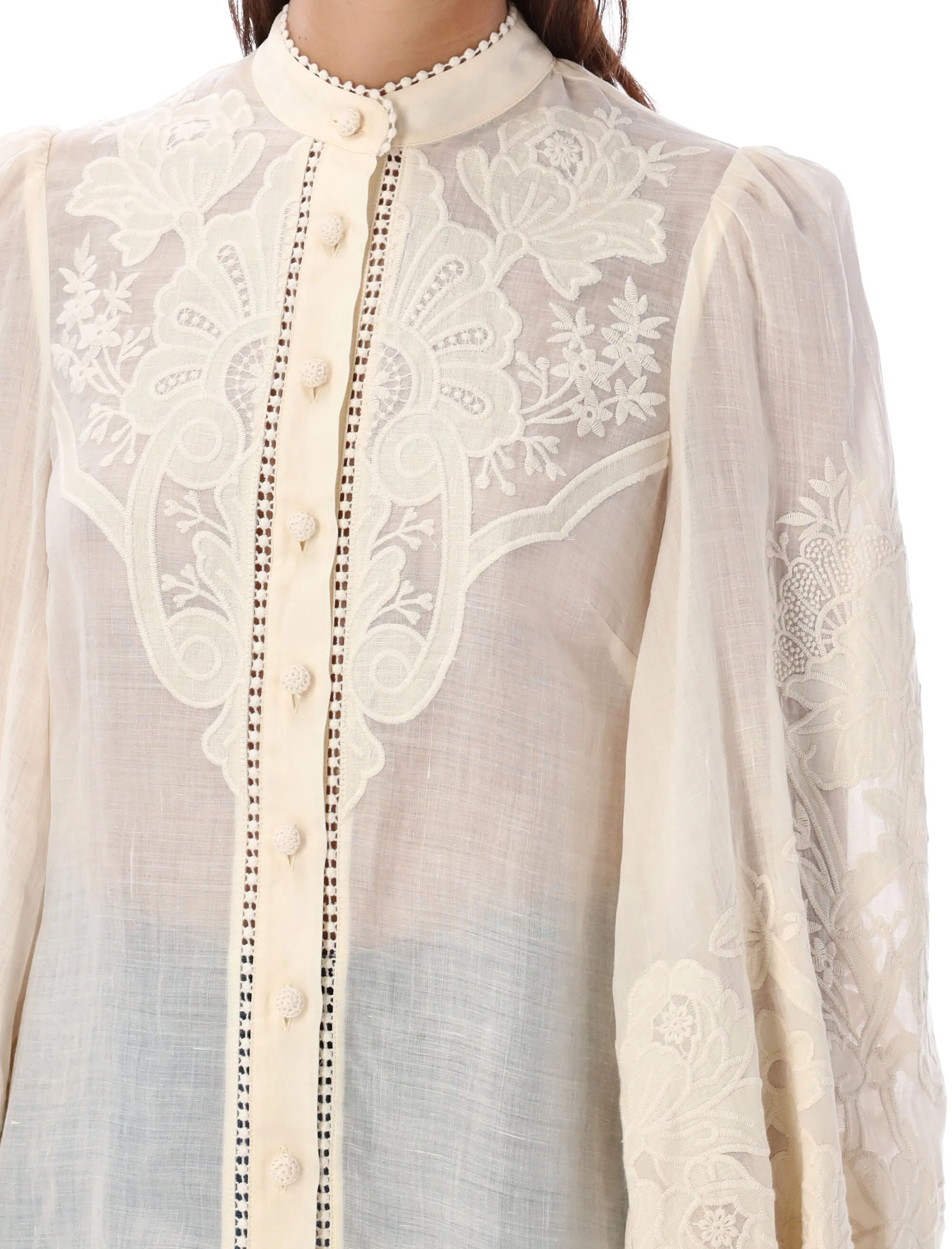 ZIMMERMANN Classic Embroidered Linen Women White Shirt Long Sleeve