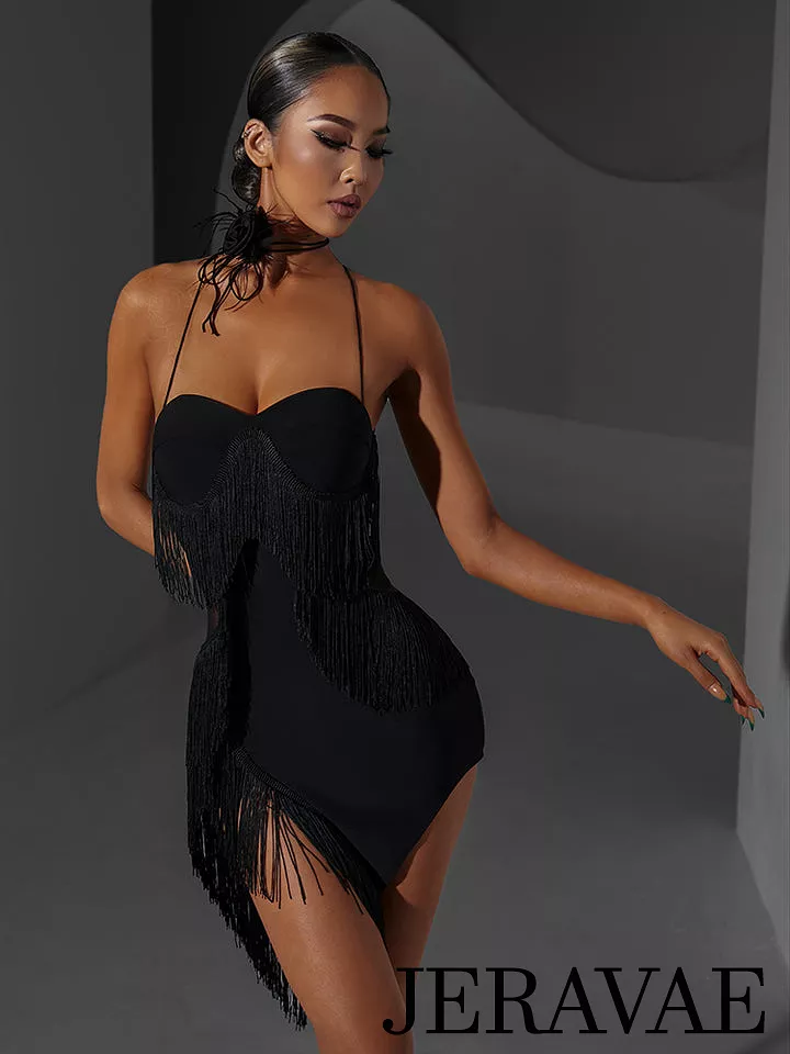 ZYM Black Latin Practice Dress with Layered Fringe, Asymmetrical Hem, and Open Back - PRA 1028