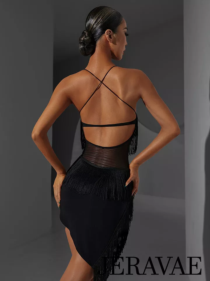 ZYM Black Latin Practice Dress with Layered Fringe, Asymmetrical Hem, and Open Back - PRA 1028