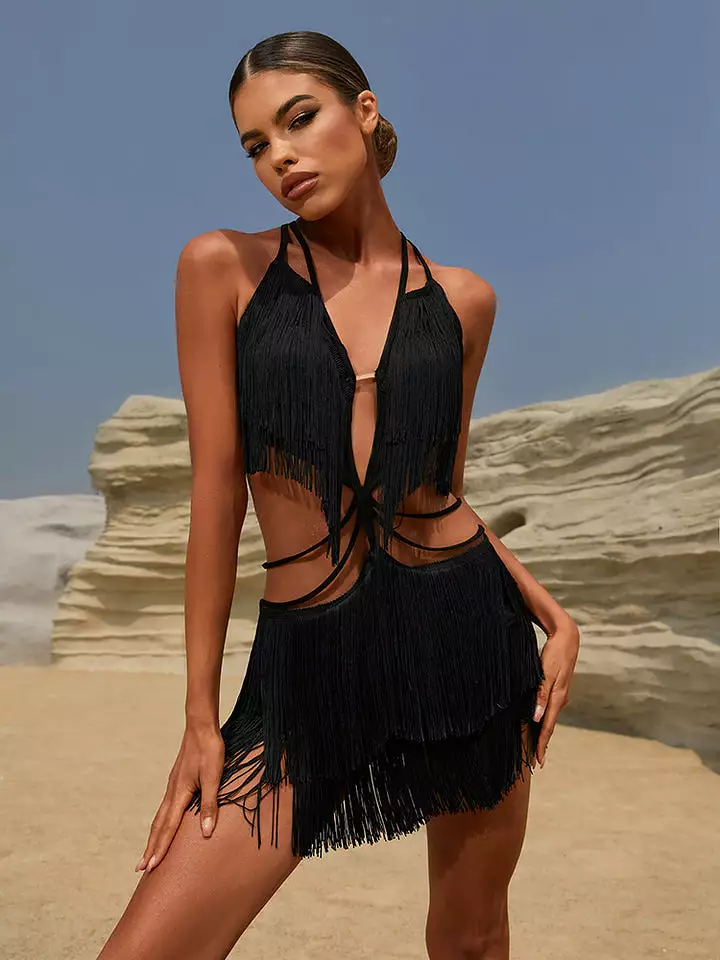 ZYM Dance Style Black Latin Practice Dress with Fringe, Low Cut Neckline, and Backless PRA 1022 - In Stock.