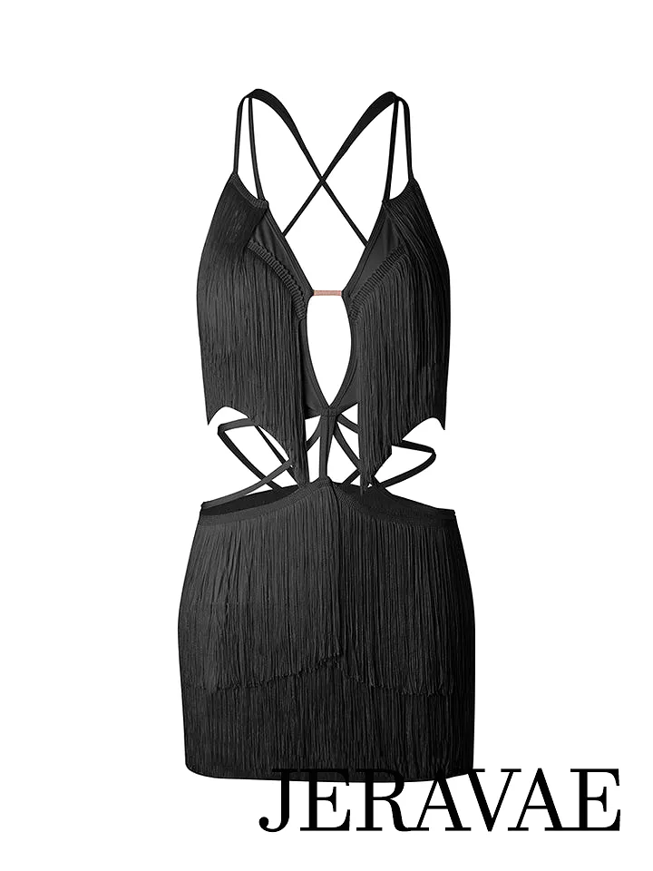 ZYM Dance Style Black Latin Practice Dress with Fringe, Low Cut Neckline, and Backless PRA 1022 - In Stock.