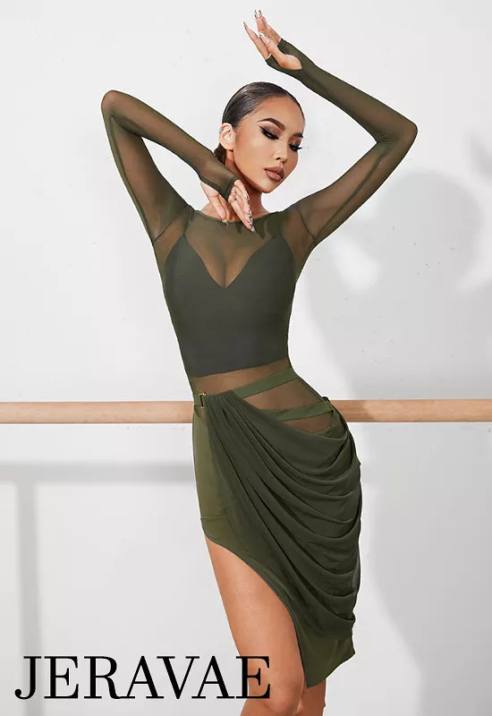 ZYM Dance Style Dress Latin Practice - Mesh Top, High Slit, Belt Sash Accessory (PRA 917) - In Stock