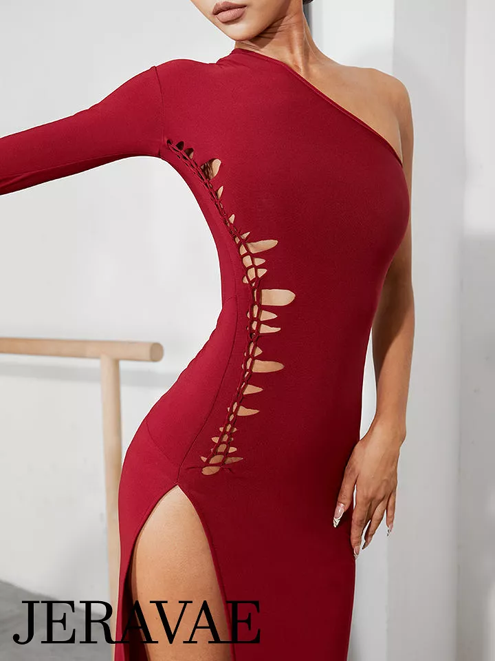 ZYM Latin Dance Practice Dress PRA 1020 - One Long Sleeve, Handwoven Front Cutout, High Slit, In Stock