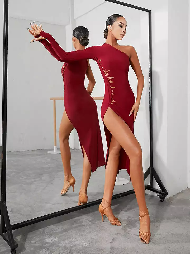 ZYM Latin Dance Practice Dress PRA 1020 - One Long Sleeve, Handwoven Front Cutout, High Slit, In Stock