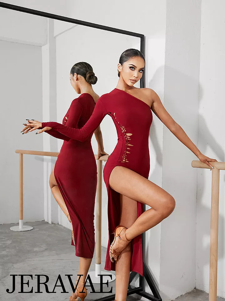 ZYM Latin Dance Practice Dress PRA 1020 - One Long Sleeve, Handwoven Front Cutout, High Slit, In Stock