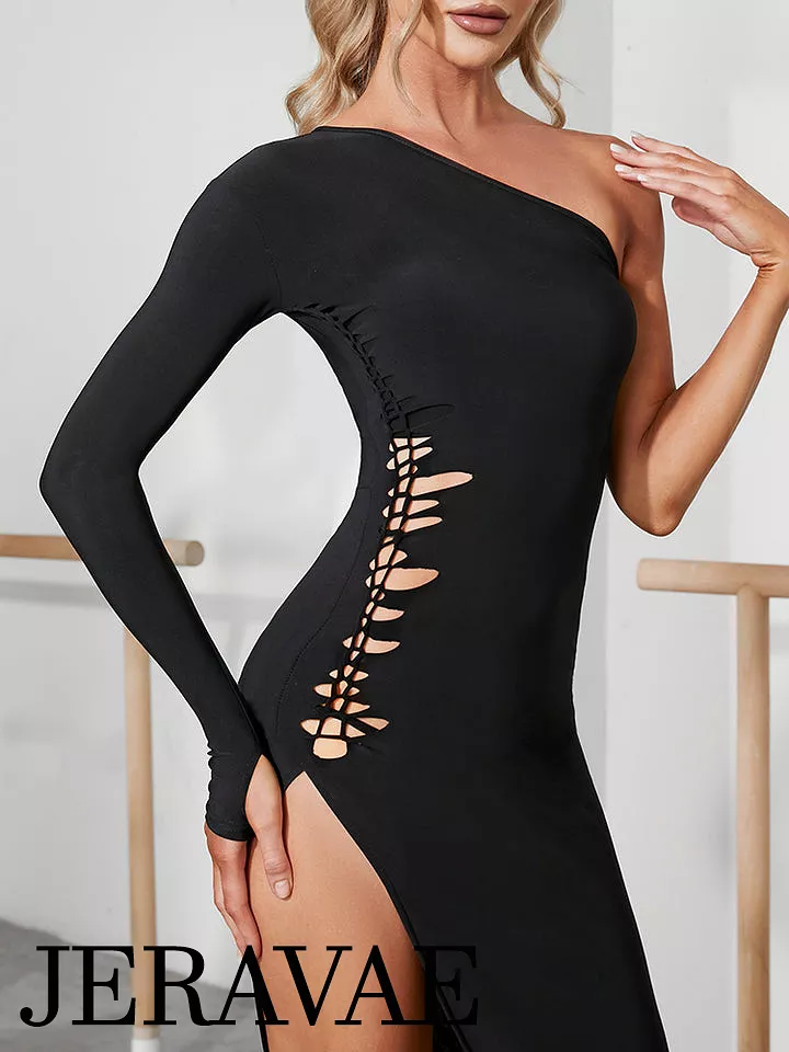 ZYM Latin Dance Practice Dress PRA 1020 - One Long Sleeve, Handwoven Front Cutout, High Slit, In Stock